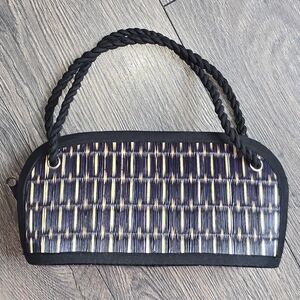 Woven Straw Clutch Boho Bag Black Tan Bamboo Style Summer Beach Purse